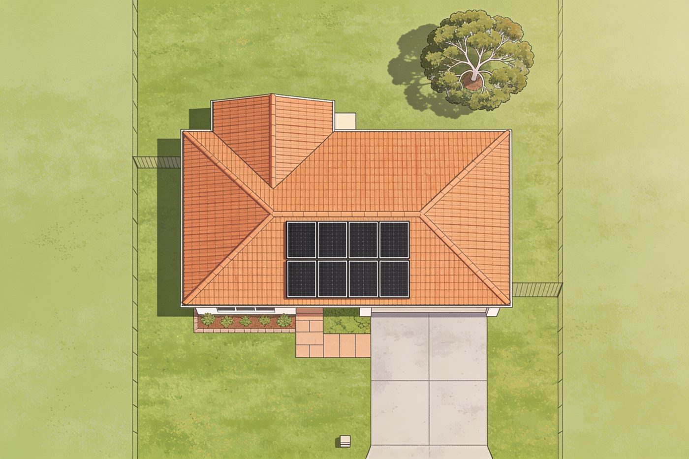 Top-down roof plan with an 8-panel array placed on one roof face, AI-generated advertising illustration