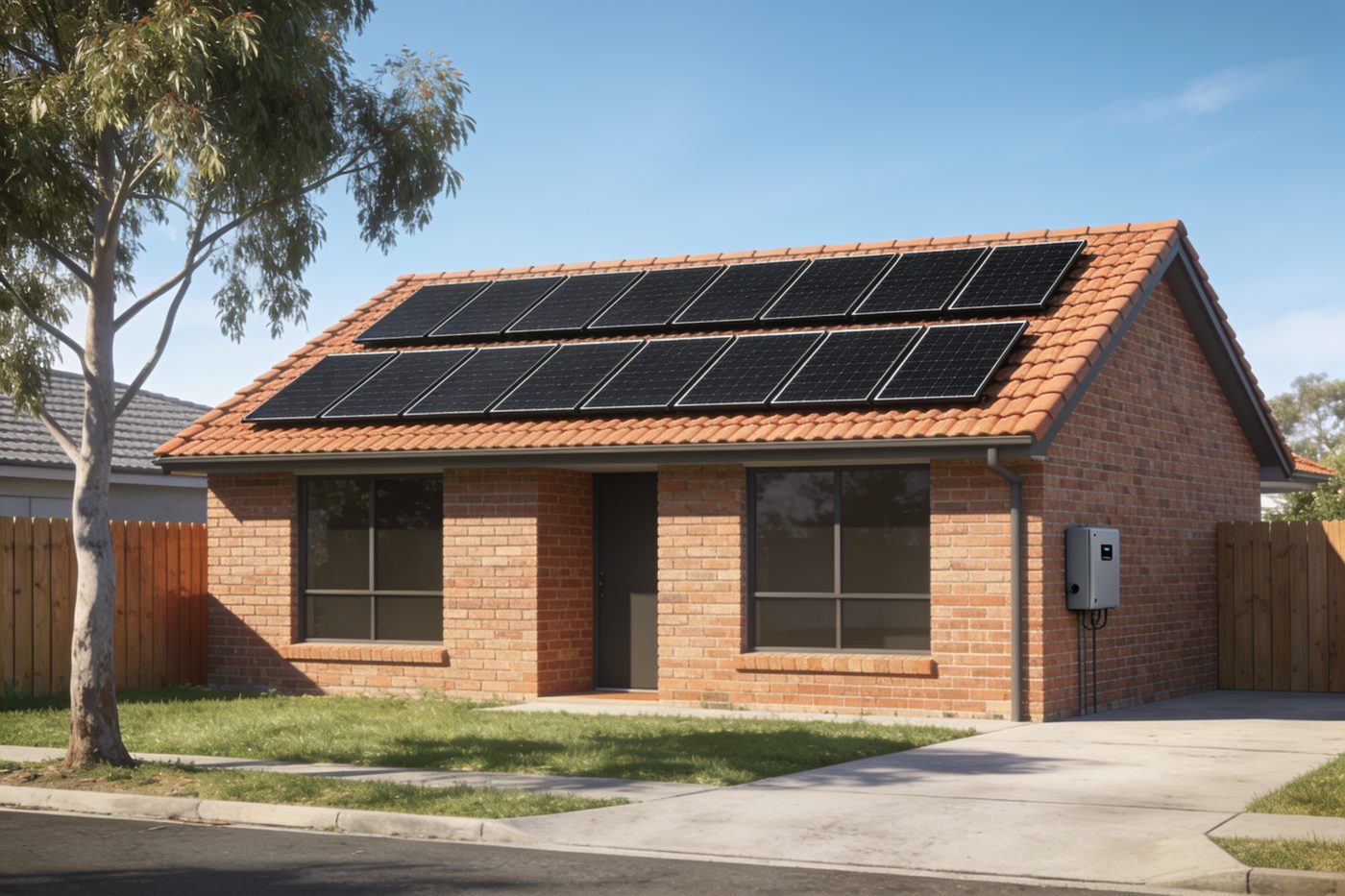Street view of a brick house with two rows of black solar panels on the front roof, AI-generated advertising illustration